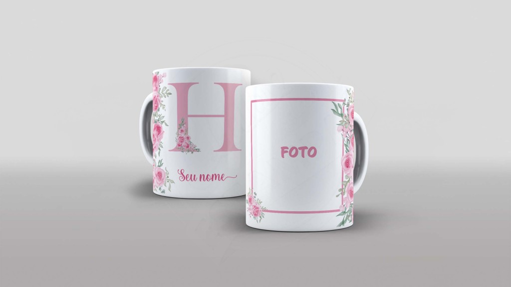 ARTE PARA CANECA - ALFABETO COM FOTO E NOME FLORAL- LETRA H-985